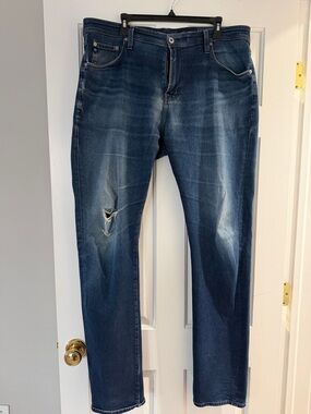 AG Adriano Goldschmied Men's Straight Indigo Blue Ripped Jeans